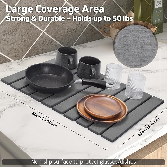 Large Stone Dish Drying Mat for Kitchen Counter – 24"×16 " Foldable Super - Image 6