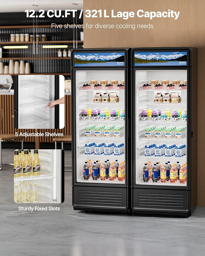 VEVOR Commercial Merchandiser Refrigerator, 12.2 CU.FT Glass Door Display Refrigerator, Beverage Cooler Merchandiser with Adjustable Shelves, Soft LED Light, Customizable Lightbox, Black