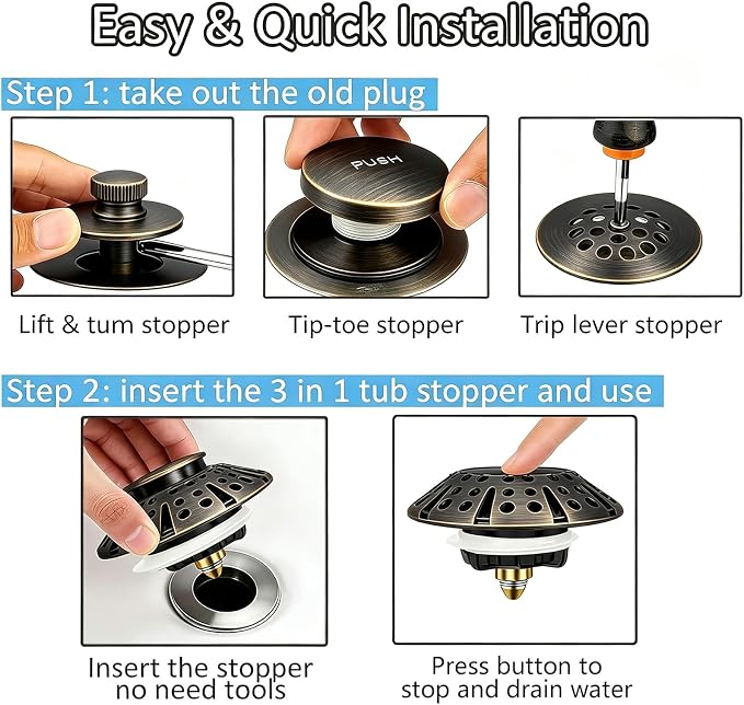 AzWzz Bathtub Drain Stopper, Pop Up Tub Stopper Plug - Image 3