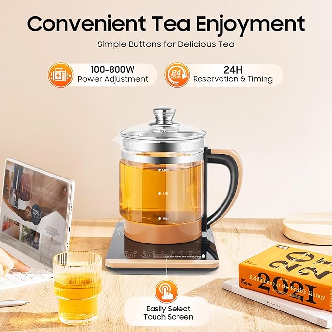 Electric Kettle, 1.8L/0.4Gal Health Pot Electric Tea Kettle with Glass Kettles and Steamed Eggs Holder Smart Fruit Hot Tea Maker with Teas Infuser 18 Cooking Menus Glass Touch Panel