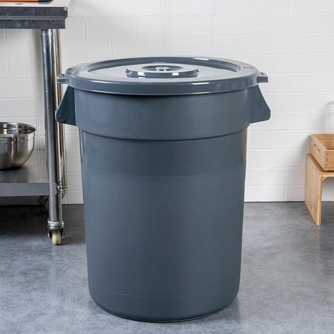 Restaurantware-LID ONLY: RW Clean Waste Container Lid, 1 Round Trash Can Cover - Waste Bin Sold Separately, For 32 Gallon Dustbin, Built-In Handle, Gray Plastic Garbage Can Cover, Heavy-Duty
