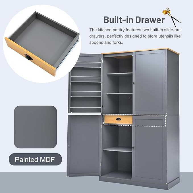 Merax 71.3" Tall Kitchen Storage Cabinet Pantry Wood Freestanding Large Cupboard with 2 Drawers,2 Adjustable Shelves,8 Door-Shelf for Dining Room,Grey