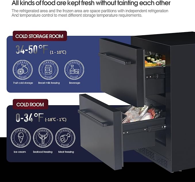 24' mini fridge Under Counter Double Drawer Beverage Refrigerator, Indoor & Outdoor Fridge for Patio, Kitchen & Bar, Weatherproof, Black