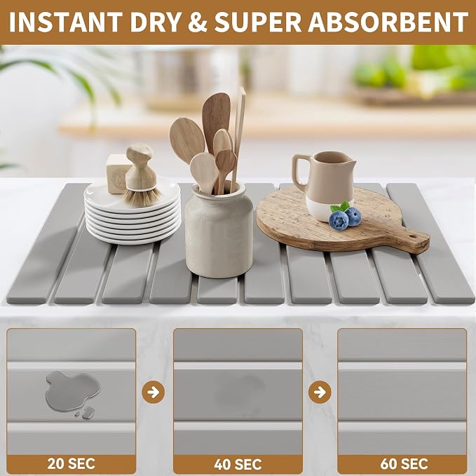 Foldable Stone Dish Drying Mat, 23.6"x15.3" Quick Dry Kitchen Board | Made of - Image 3