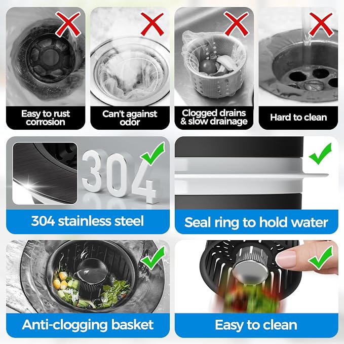 zaa 3 in 1 Kitchen Sink Drain Strainer Stopper Removable Basket Pop-Up - Image 6