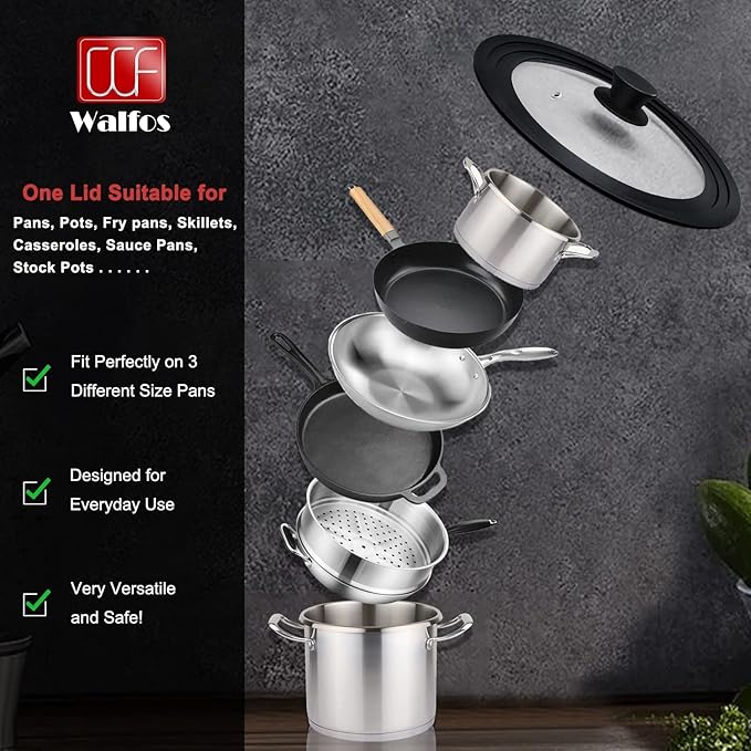 Universal Lid for Pots, Pans and Skillets - Tempered Glass with Heat Resistant Silicone Rim, Fits 8", 9" and 9.5" Diameter Cookware