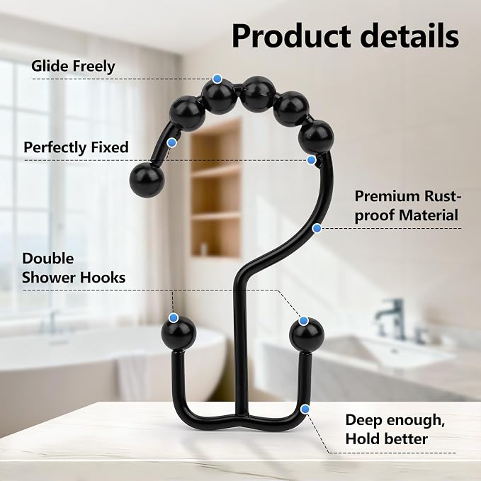 Resze 12 Pcs Shower Curtain Hooks, Metal Double Shower Curtain Rings - Image 3