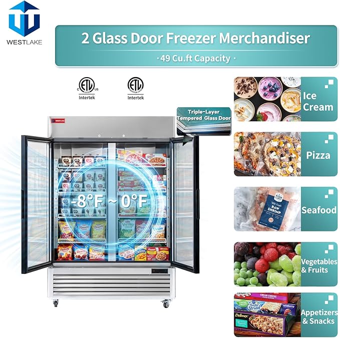 WESTLAKE 54" W Commercial Display Freezer 2 Glass door 49 Cu.ft Stainless Steel Merchandiser Reach-in Upriht Fan Cooling Digital Temperature Control Display Freezer for Restaurant, Bar, Shop, etc