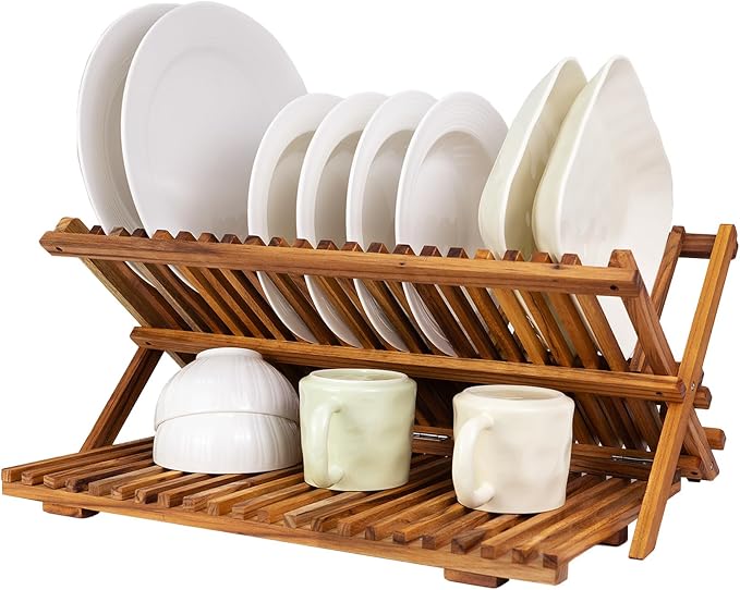 Utoplike Large Teak Dish Drying Rack, Wood Collapsible Organizer by Utoplike