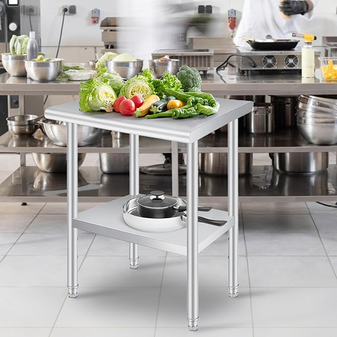  Stainless Steel Prep Table, 24 x 36 Inches Heavy Duty Commercial , with Rounded-Corner, Adjustable Undershelf and 4 Caster Wheels, Heavy Duty Work Table with Adjustable Under Shelf for Outdoor, Res