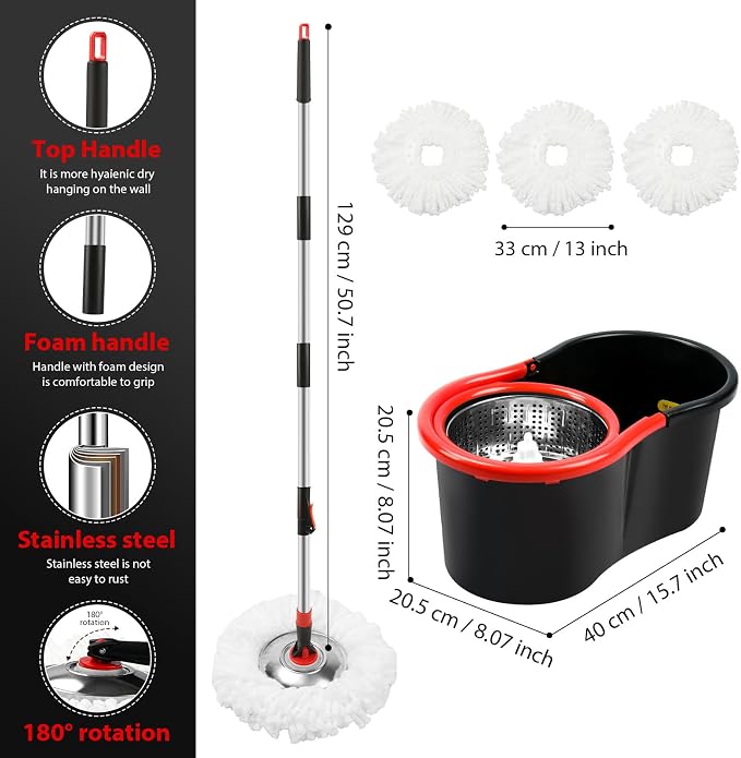 Spin Mop and Bucket with Wringer Set, 360° Mop and Bucket System with 3 - Image 2