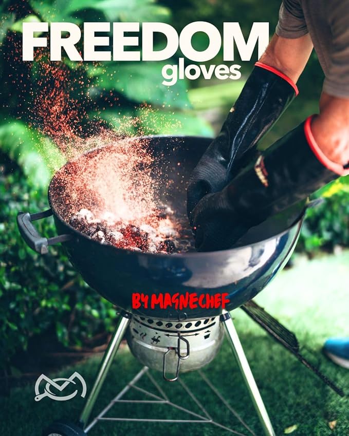 MagneCHEF Freedom BBQ Gloves – 932°F Extreme Heat Resistant Neoprene Grilling Gloves – Patented Magnetic EZ On/Off Safety Clips – Waterproof, 14” Long Cuff for Grills, Smokers, Fryers & Ovens