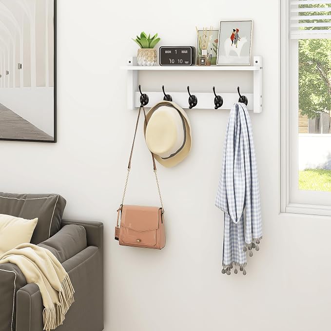 Wall Shelf with Hooks, Coat Rack Wall Mount with Pegs, Hanging Entryway Coat - Image 7