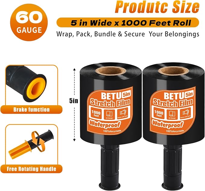 Black Stretch Film Shrink Wrap for Moving Supplies x 1000ft, Industrial - Image 2