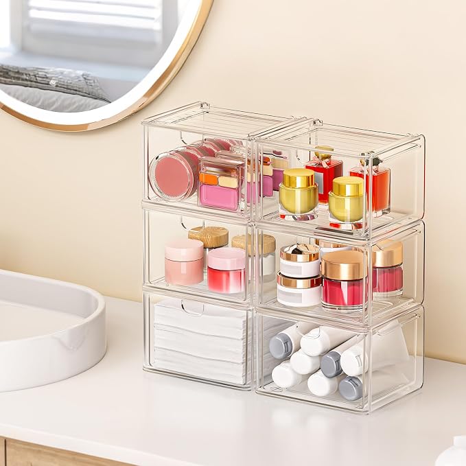 caktraie 6-Pack Stackable Acrylic Storage Drawers, Small | Smooth-glide drawers - Image 2