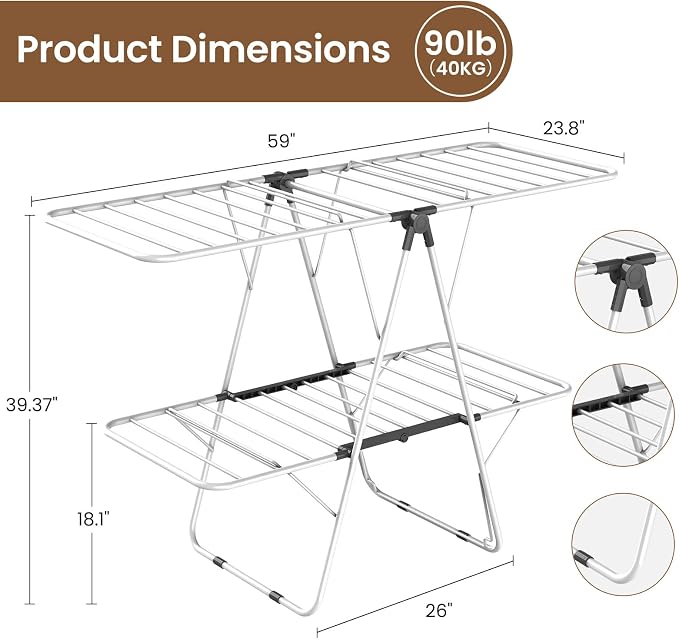 Clothes Drying Rack, 2-Tier Foldable Laundry Dryer Rack, Metal Height - Image 2