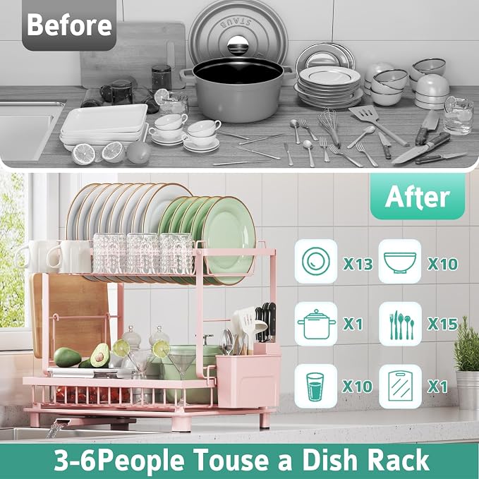 2-Tier Dish Drying Rack for Kitchen Counter, Space-Saving, Auto Drain Spout - Image 7