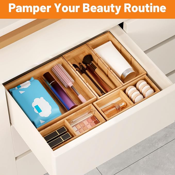 Bamboo Drawer Organizer, 10-Piece Stackable Trays - Image 6