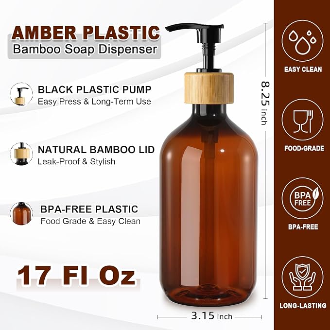 KASUNTING Amber Soap Dispenser Plastic, 17 Fl Oz Hand and Dish Dispenser Set - Image 3