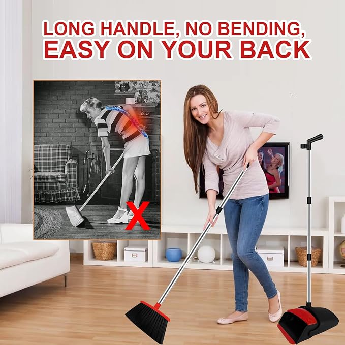Red Broom and Dustpan Combo Set, Foldable Upright Storage Design - Image 3