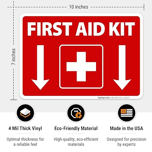 First Aid Kit Sign, (2 Pack) Sticker, 10x7 Inches, 4 Mil Vinyl Self Adhesive Durable Decal Stickers, Long Lasting, Weatherproof and UV Protected, Made in USA by Signs