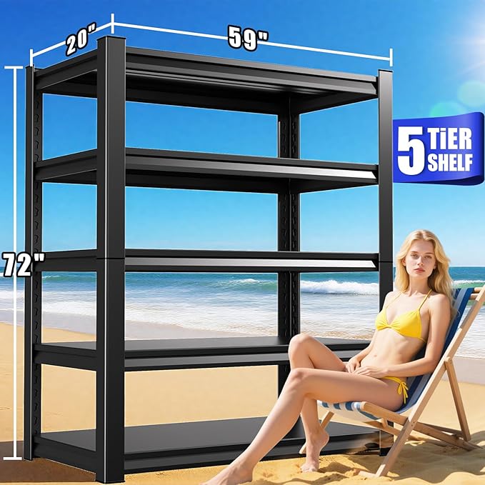 Garage Shelving 5-Tier Adjustable Metal Garage Shelves Heavy Duty Unit,3000 LBS Steel Shelf Storage Rack Suitable for Industries,Warehouses,Basement,Black (72''H x 59''W x 20''D)