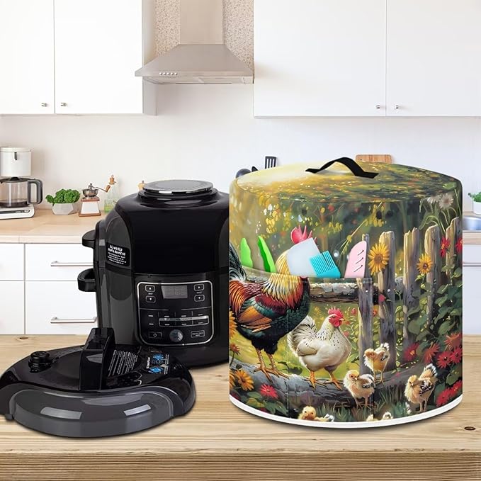 Small Appliance Covers for 8 Quart Air Fryer & Pressure Cooker Air Fryer Cover Dust Cover, Easy to Clean Kitchen Appliance Accessories with Pockets, Rooster Flower