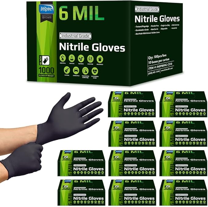 Inspire 6 or 8 Mil HEAVY DUTY Stretch Nitrile Black Gloves Disposable Latex Free by Inspire