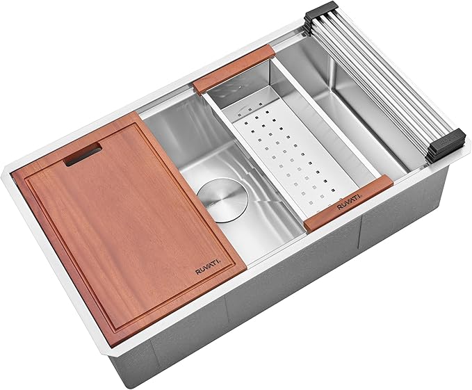Ruvati 32-inch Round Corner Undermount 16 Gauge Stainless Steel Workstation Kitchen Sink Single Bowl – Soundproof Multifunction Chef Sink with Cutting Board & Accessories – RVH8301