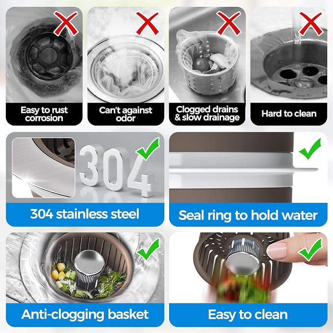 zaa 3 in 1 Kitchen Sink Drain Strainer Stopper Removable Basket Pop-Up - Image 7