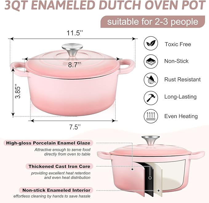 TeamFar Enameled Cast Iron Dutch Oven - 3QT Small Dutch Oven Pot with Lid - Heavy Duty Cast Iron Pot Cookware for Bread Baking, Braising, Stewing, Roasting, Pink