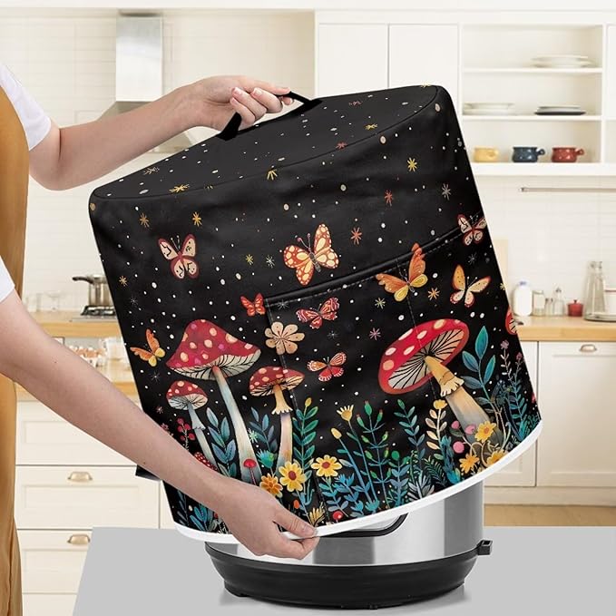 Small Appliance Covers for Air Fryer & Pressure Cooker, Appliance Dust Covers with Pockets Fits Pressure Cooker (8 Quart) and Extra Accessories - Butterfly Mushroom