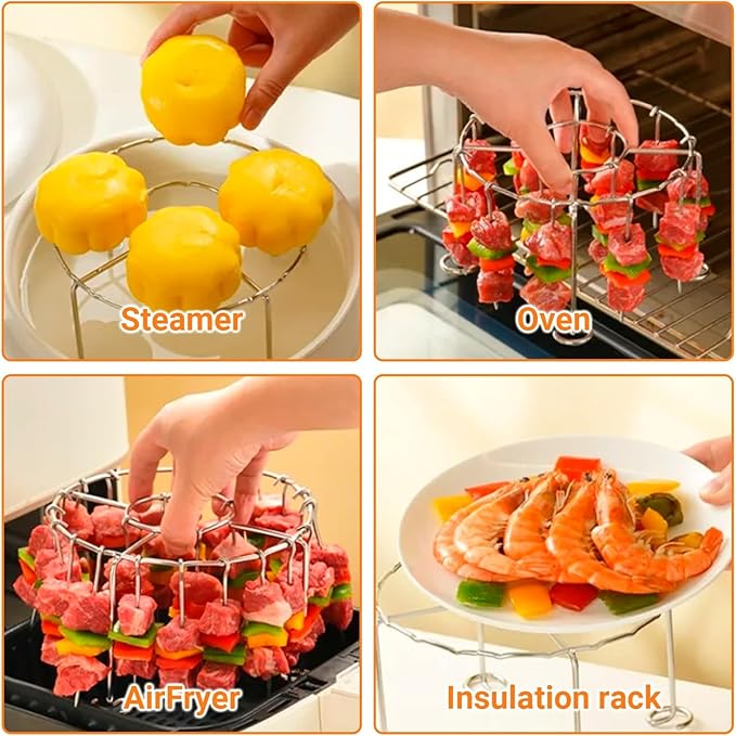 BBQ Kebab Skewers Stainless Steel, Airfryer Accessories, Barbecue Skewer Set, 24 x Barbecue Skewers + Round Grill Rack, Compatible with Airfryer, Hot Air Fryer, Oven and Rice Cooker