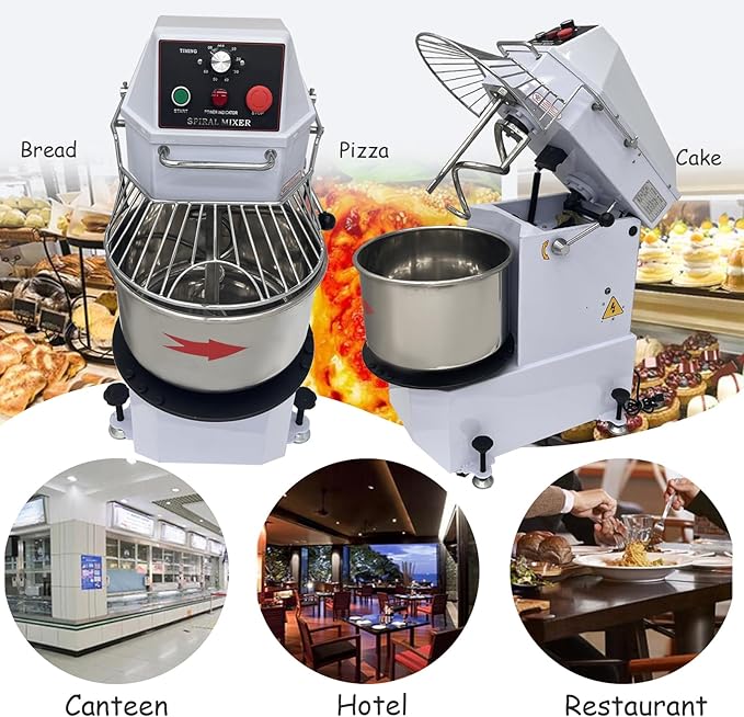 INTSUPERMAI Commercial Dough Mixer Machine Electric Food Mixer with Removable Bowl Double Action Spiral Mixer for Schools Bakeries Restaurants Pizzerias 110V 20 L / 20 QT Capacity