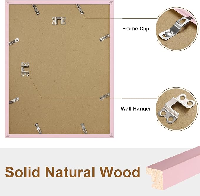 Vittanly 11x14 Picture Frame Set of 2, Solid Wood Frame for Wall Art Photo and Prints, Display Photo 8x10 with Mat or 11x14 without Mat, Pale Pink