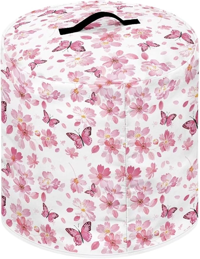 Peach Blossom Butterfly Print Rice Cooker Protective Cover Lightweight Pressure Cooker Cover with Handle & Pocket, Washable Round Air Fryer Cover Home Kitchen Décor