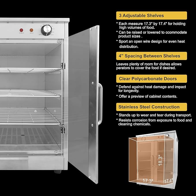 4-Shelf Electric Hot Box Food Warmer Accommodating up to (8) 16" Pizza Boxes, Countertop Heated Holding Cabinet for Pretzels, Warming Machine for Home Commercial Use, w/Water Drawer, 120V 600W