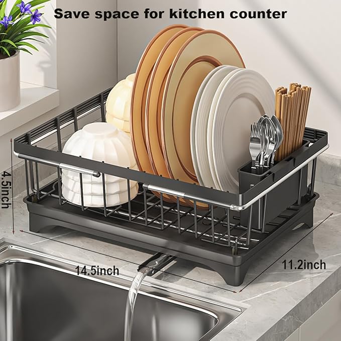 Expandable Dish Drying Rack Over Sink, Space-Saving Dish Racks for Kitchen Counter, Dish Drainer Rack in Sink with Removable Utensil Holders, 11.2" D x 14.5" W x 4.5" H, Black