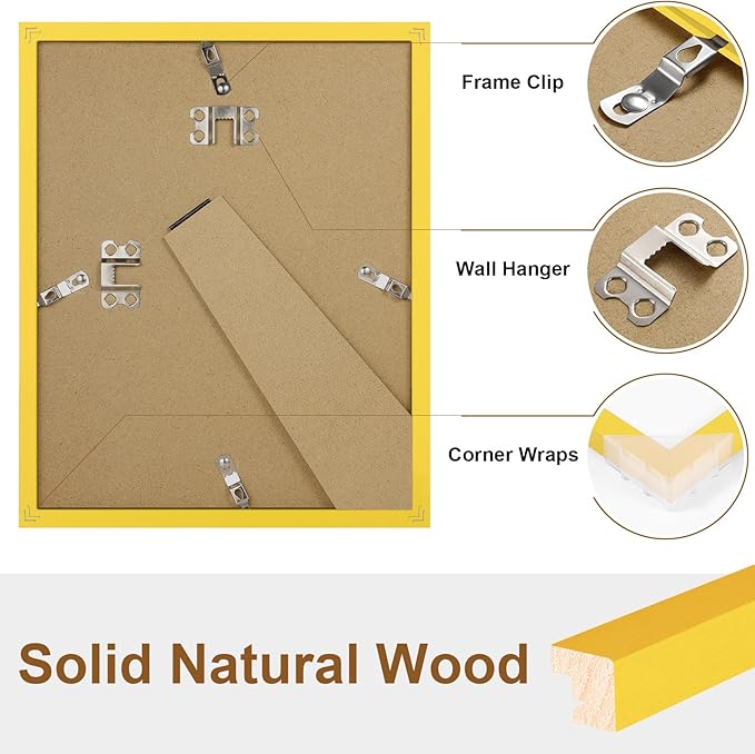 Vittanly 8x10 Picture Frame, Solid Wood Frame with Plexiglass, Includes 5x7 Mat, Wall Hanging or Tabletop for Home Decor, Yellow, 1 Pack
