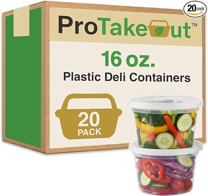 16oz [20 set] Heavy Duty Plastic Deli Container | BPA-Free Food Storage with Airtight Leak‑Proof Lids | Microwave, Freezer & Dishwasher Safe – Stackable, Bulk Reusable Soup & Meal Prep Tub