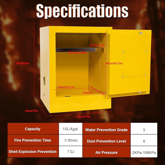 Safety Cabinet 4 Gallon Flammable Cabinet Explosion Proof Fireproof Hazardous Material Storage Box with Lock for Commercial Industrial and Home Use (Yellow, 17 * 17 * 22in)