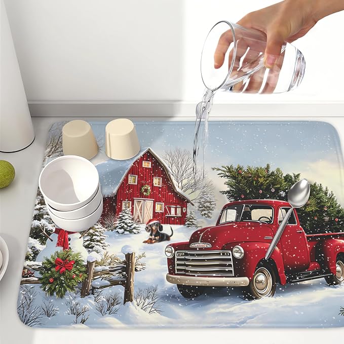Giwawa Red Truck Dish Drying Mat Winter Xmas Tree Drainer Rack Pad 18"x24" - Image 6