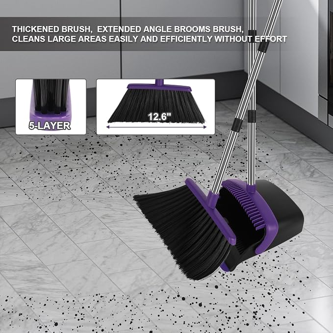Purple Broom and Dustpan Combo Set, Extended Reach Design, Built-in Comb Dustpan - Image 8