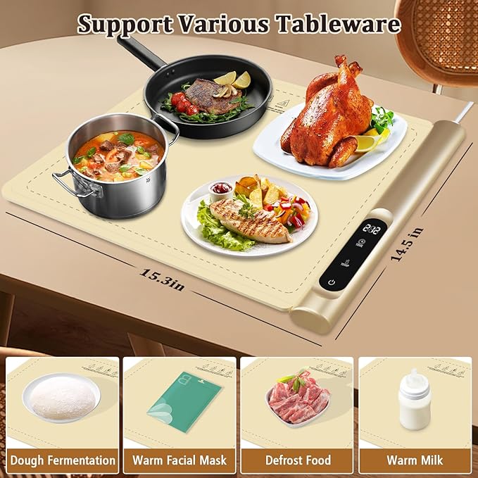 Upgrade Graphene Warming Mat for Food, Electric Warming Tray Rapid Heating with 6 Temps &Timer Settings, Portable Food Warming Mat for Countertop Buffets Party, Beige