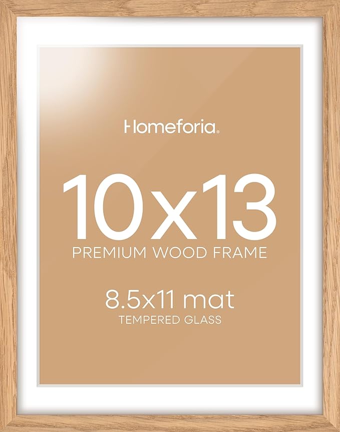 Homeforia 10x13 Picture Frame Wood, High End Natural Oak 10x13 Light Wooden Poster Frames with Mat 8.5x11, 10 x 13 Frame Matted to 8.5 x 11 Photo, 13x10 Thin Frames, Tempered Glass, Wall Kit, Set of 1