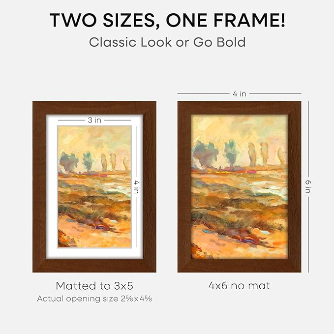 Homeforia 4x6 Brown Picture Frame, High End Dark Oak 4x6 Wooden Frames with Mat 3x5 Photo, 4 x 6 Walnut Wood Frame Matted to 3 x 5 Print, 6x4 Wall or Tabletop Frame, Tempered Glass, Wall Kit, Set of 2