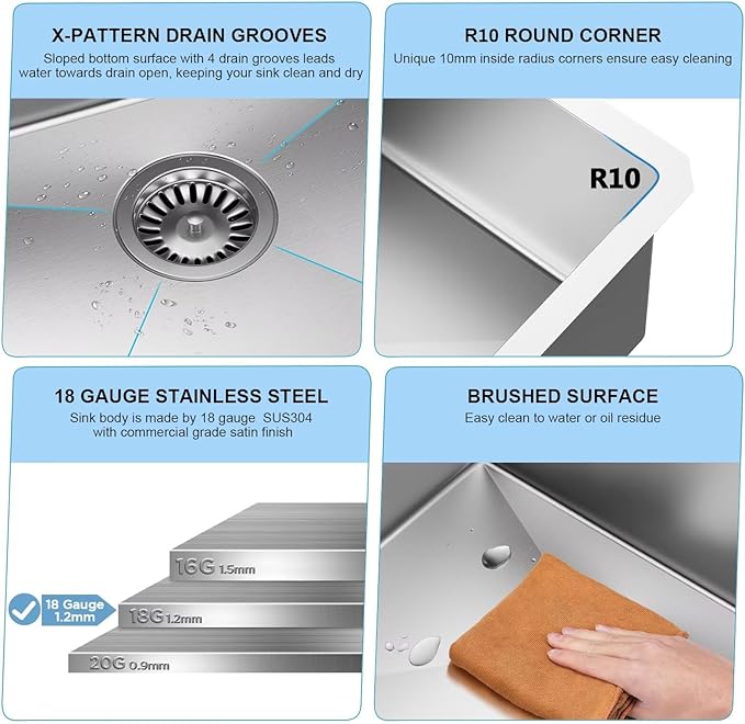 25-Inch Drop in Kitchen Sink Handmade Topmount 16 Gauge 304 Stainless Steel Single Bowl Kitchen Workstation Sink in 10-inch-Depth 25"x22"x10"