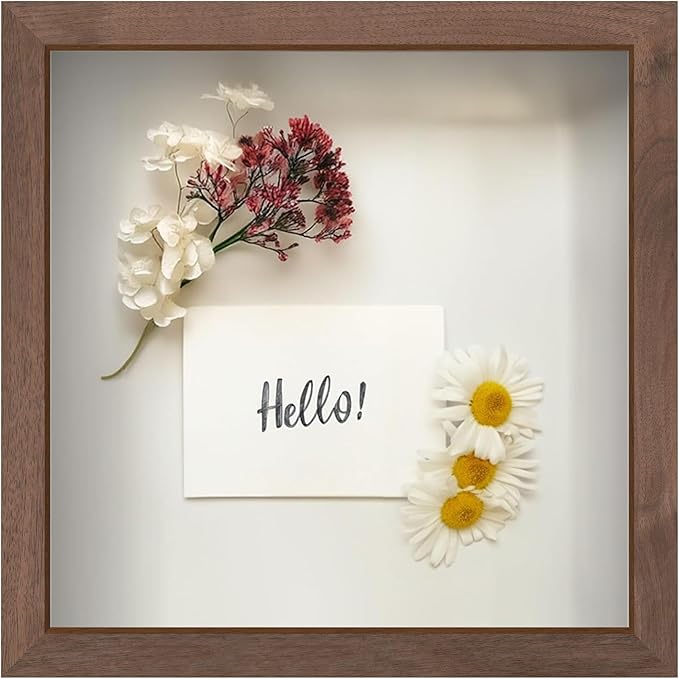 FrameWorks 11” x 11” Dark Oak Wooden Shadow Box Frame – Display Case with Soft Felt Back, Memory Box with Tempered Glass, Display Box with Elegant White Ball Push Pins, Wooden Flower Box