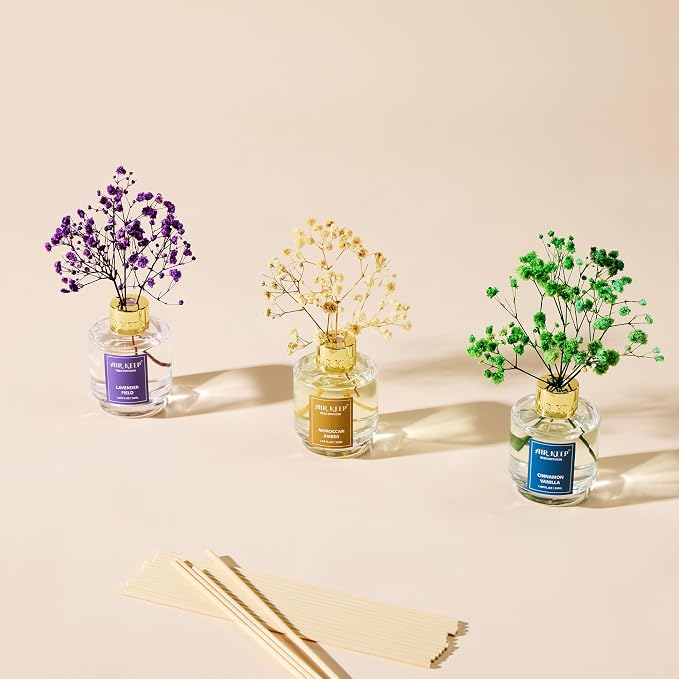 Reed Diffuser Set of 3, Cinnamon Vanilla Lavender Field Moroccan Amber Oil Reed - Image 4