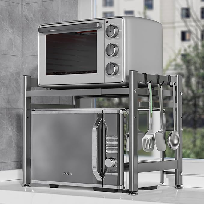 Expandable Microwave Oven Rack, Double Layer Carbon Steel Adjustable Microwave Shelf, Toaster Rack Heavy Duty Stand Kitchen Countertop Organizer, 55 lb Load Bearing, 2 Tier with 6 Hooks (Grey)